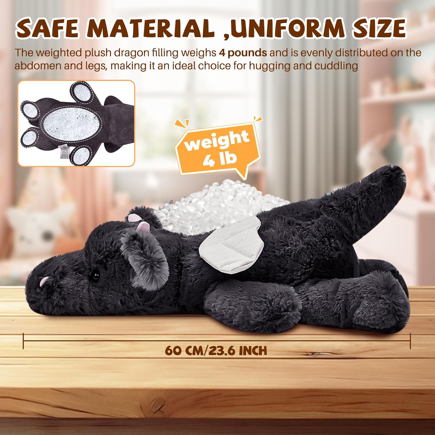 4 Pounds Dragon Stuffed Animal Weighted Stuffed Animals Soft Stuffed Dragon Plush Black Giant Plushies Weighted Dragon Stuffy Toy Body Pillow 23.6" Birthday for Kids