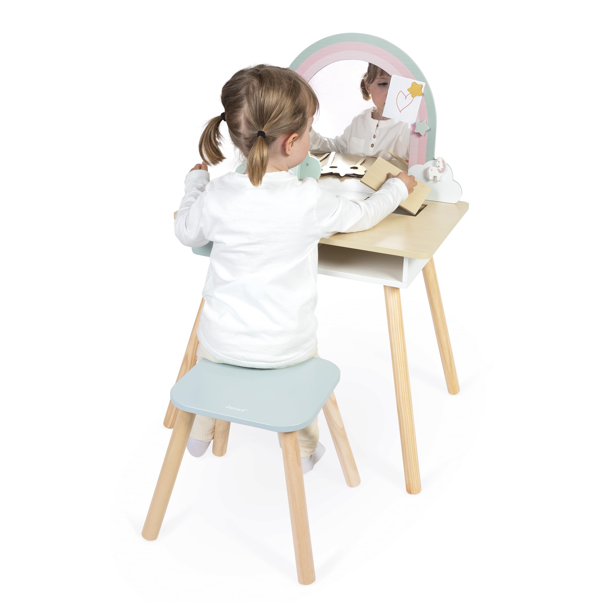 Janod Tocador Niña - Tema Unicornio - Imitación Juego - Tocador con Espejo y Taburete de Juguete - 10 Accesorios - Dim 56,6 x 42,5 x 86,25 cm - A Partir de 3 Años - J06464