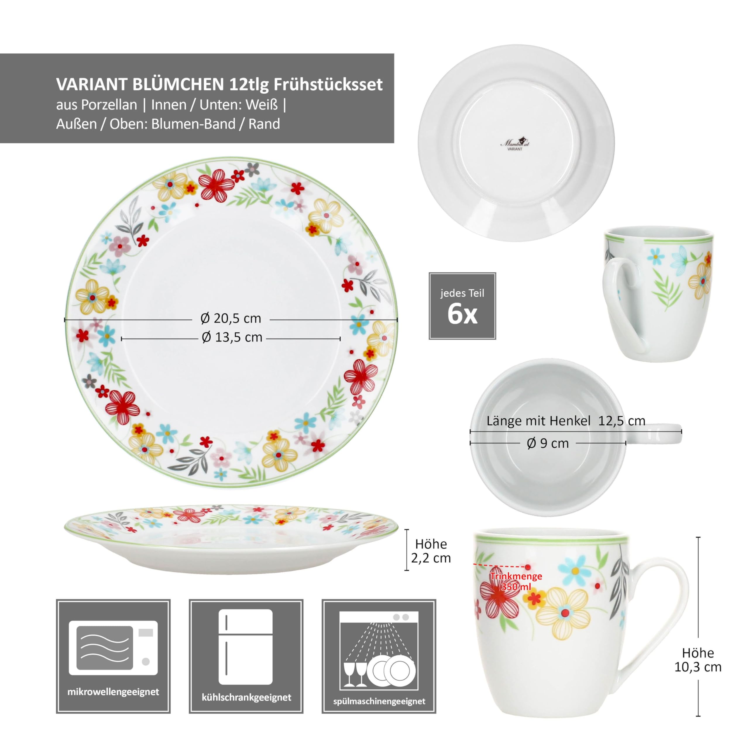 MamboCat Variant Blümchen Service de petit-déjeuner 12 pièces I 6 petites assiettes et 6 tasses à café de 350 ml, hauteur 10,3 cm pour 6 personnes I Tasse, assiettes à gâteau I Vaisselle en porcelaine