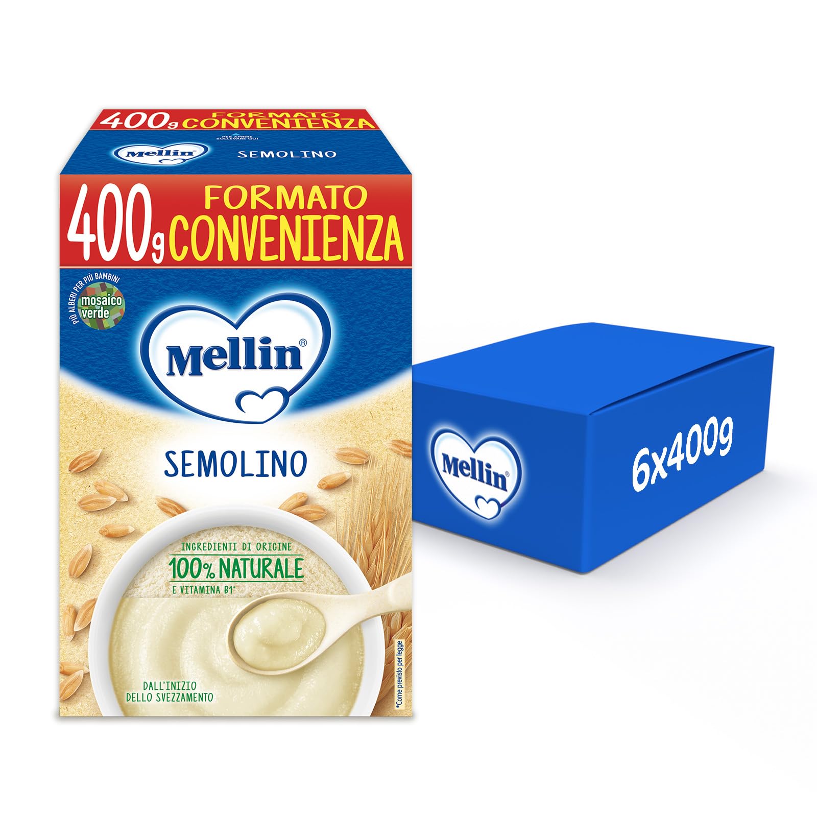 Mellin - Semolino - Alimento con Vitamina B1, per Bambini dal 4° Mese Compiuto - 6 Confezioni da 400gr (Totale 2400gr)