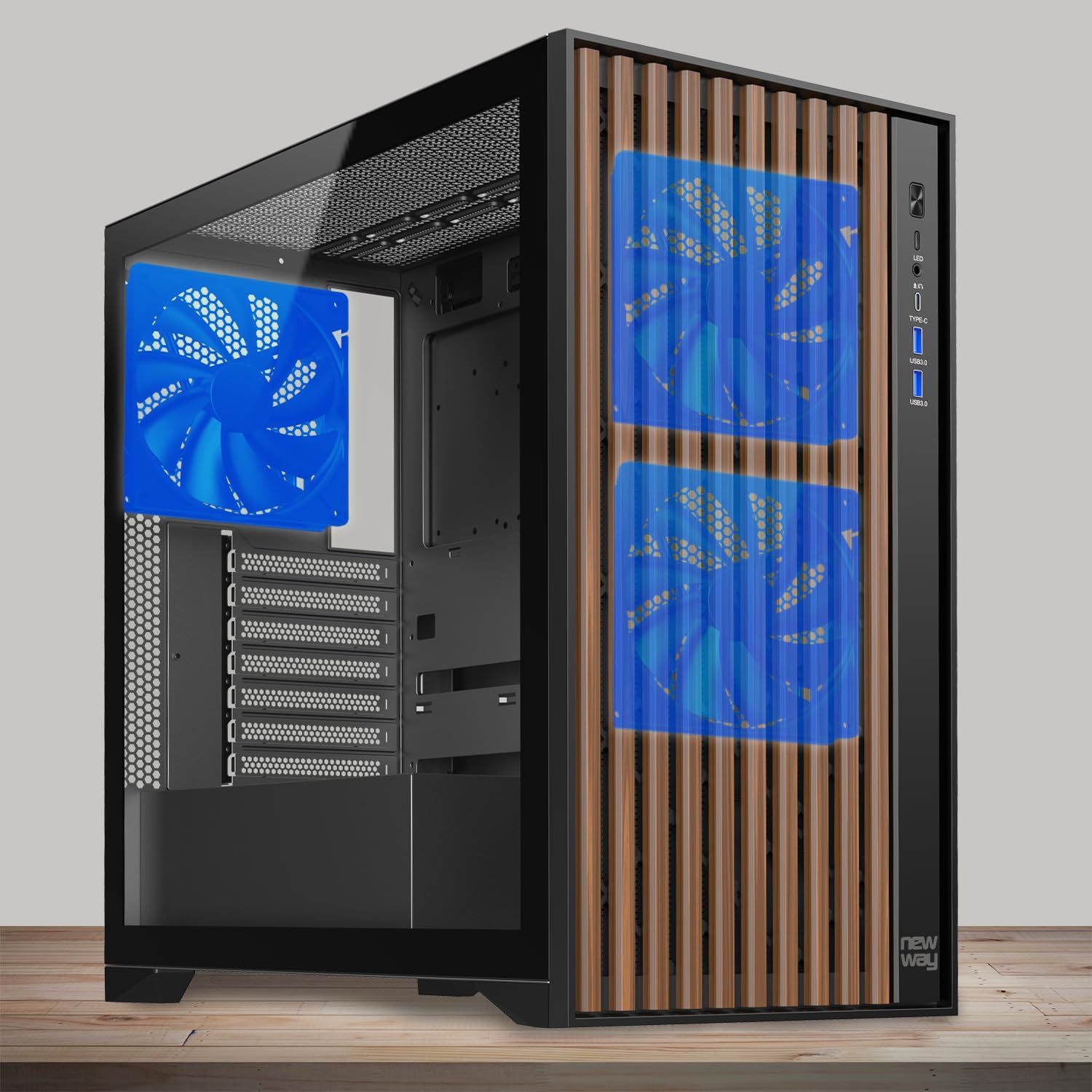 NEWWAY - NW1 Boitier PC Façade en Bois - Moyen Tour Compatible ATX/Micro-ATX/ITX - Type C USB - Ventilateurs Inclus 3x140MM PWM - Panneau latéral Verre tempéré (Noir)