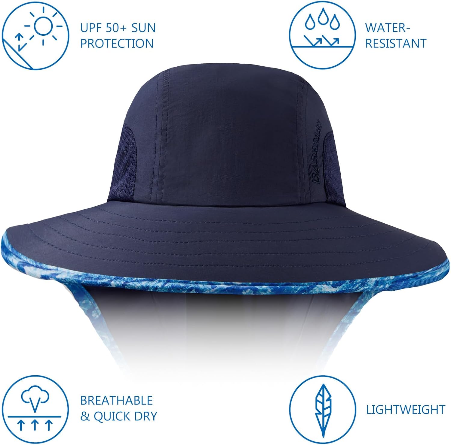 BASSDASH UPF 50+ Unisex Water Resistant Wide Brim Sun Hat with Large Neck Flap Ponytail Fishing Hat for Men Women