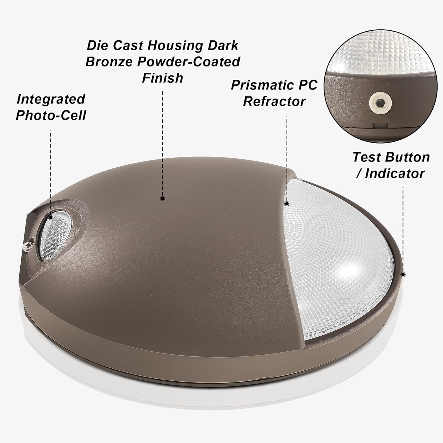12W LED Emergency Wall Pack Light, 1320 Lumens, UL 924 Certified Commercial Wall Pack with Battery Backup, Dusk to Dawn Photocell, Self-Test Diagnostics, IP65 Wet Location, 120-277VAC