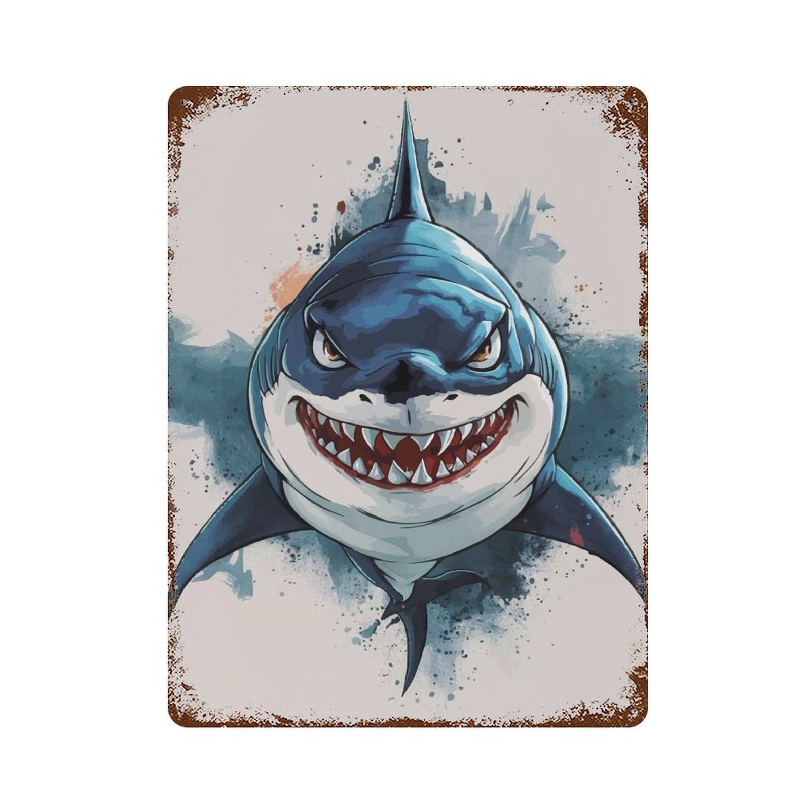 Distressed Metal Wall Sign Angry Shark Illustration 15.7"x11.8", Vintage Wall Decor for Garage, Bar And Workshop Decor