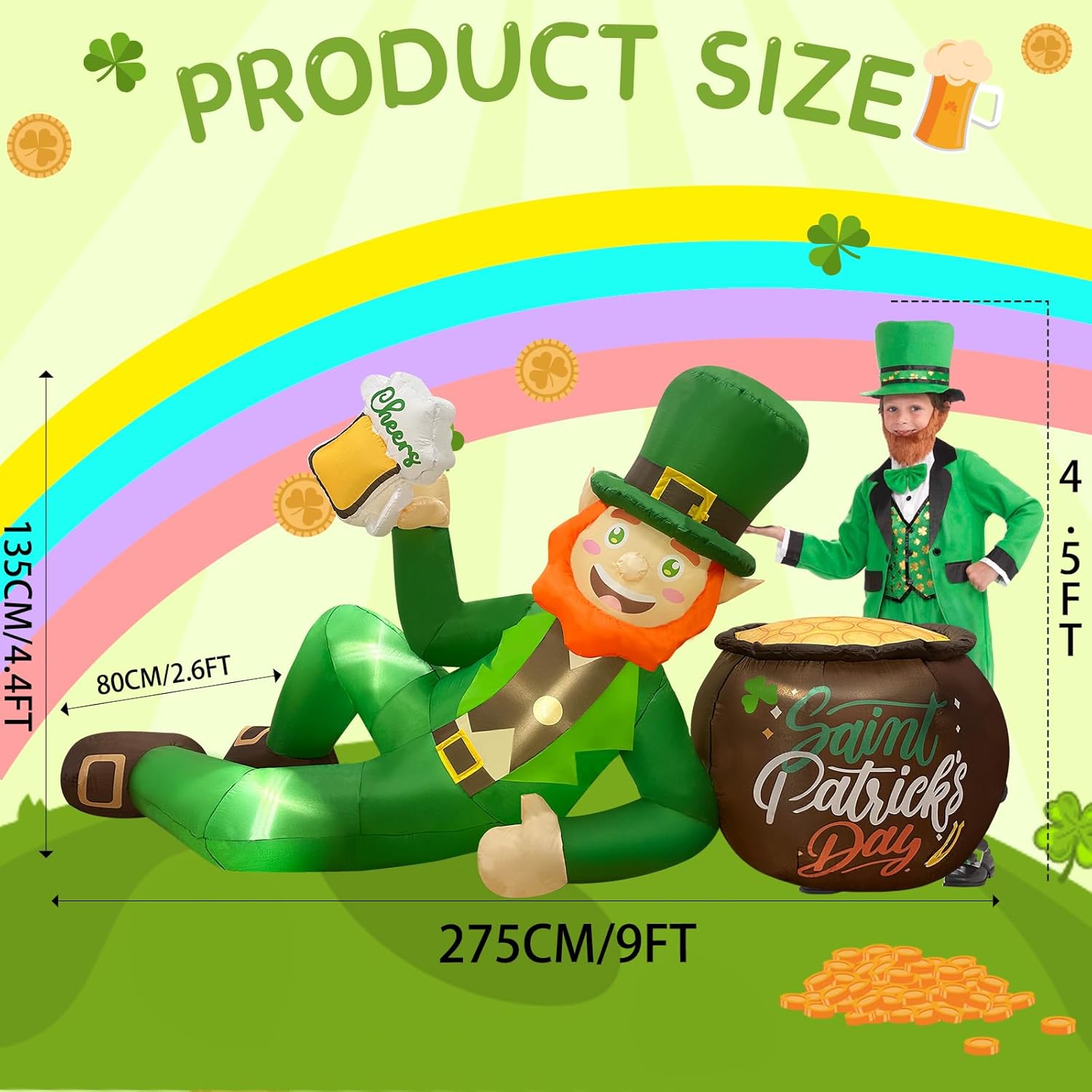 OurWarm 9FT St. Patrick's Day Inflatables Outdoor Decorations, Inflatable Leprechaun Holding Beer Leaned On A Pot of Gold, St Patricks Day Blow Up Inflatable for Yard Lawn Garden Holiday Party Decor - Image 3