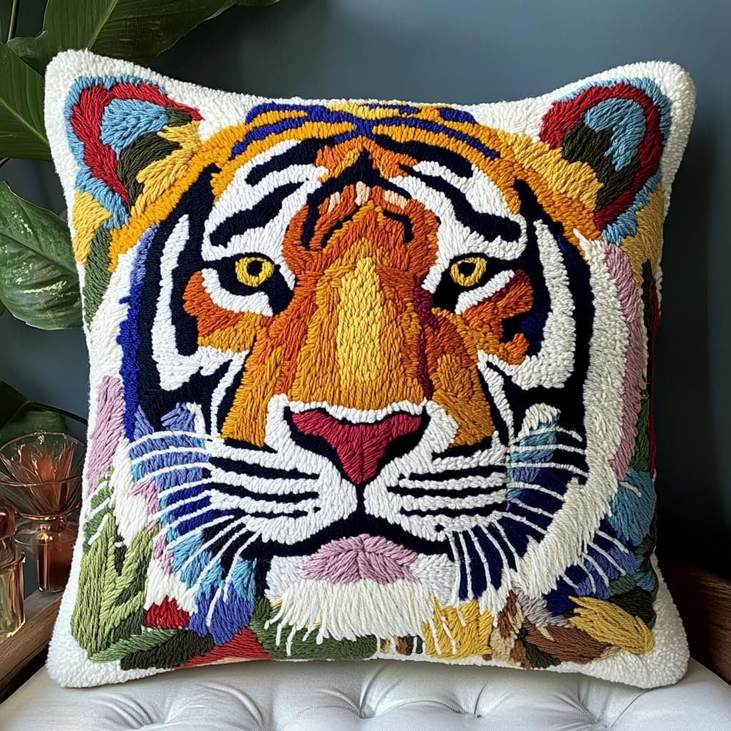 DIY Punch Needle Pillow Kit White Tiger with Pattern and Hoop Handmade Embroidery Punch Needle Starter Pillowcase Set for Home Sofa Decor 43x43cm-1-3