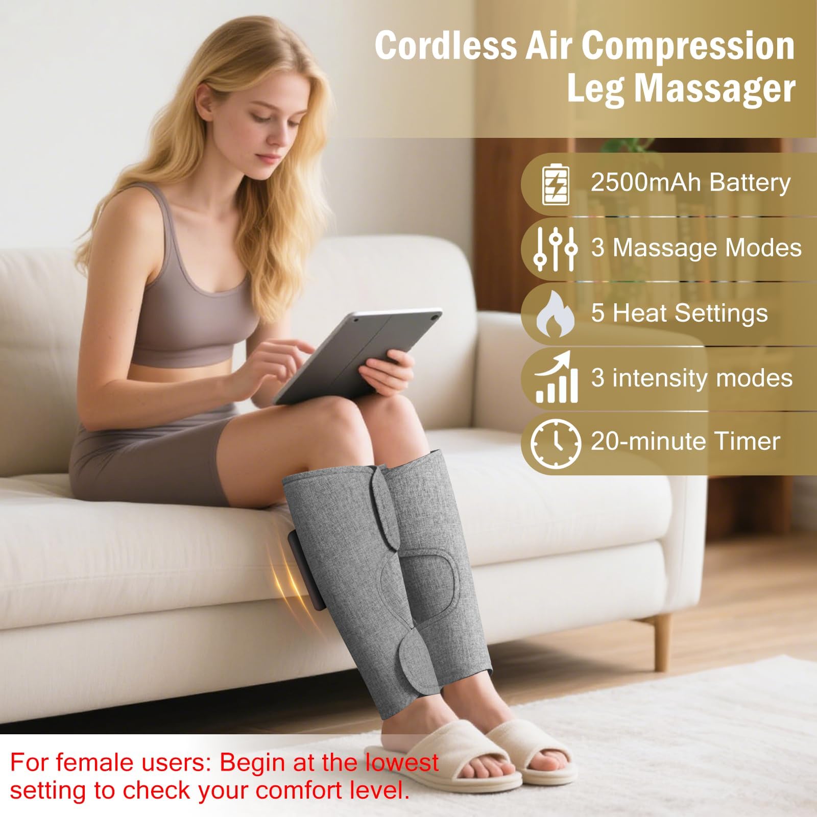 Massaggiatore Gambe Pressoterapia, 2 pcs Pressoterapia Gambe per Casa Senza Fili, 3 Modalità & Calore, Batteria 2500mAh- Per Rigidità Muscolare e Recupero Sportivo