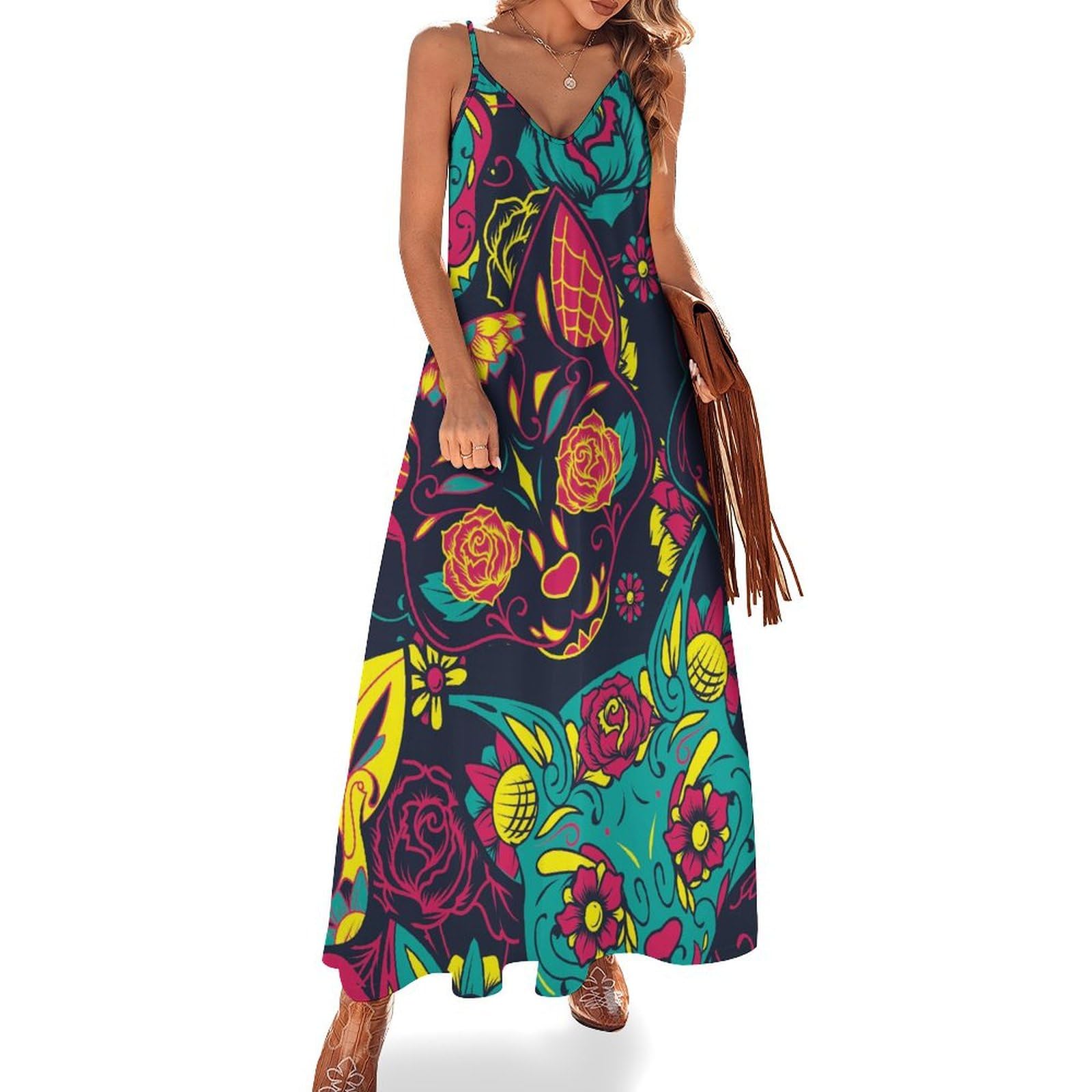 Robe longue chat contre la chaleur : coupe maxi sans manches pour la plage