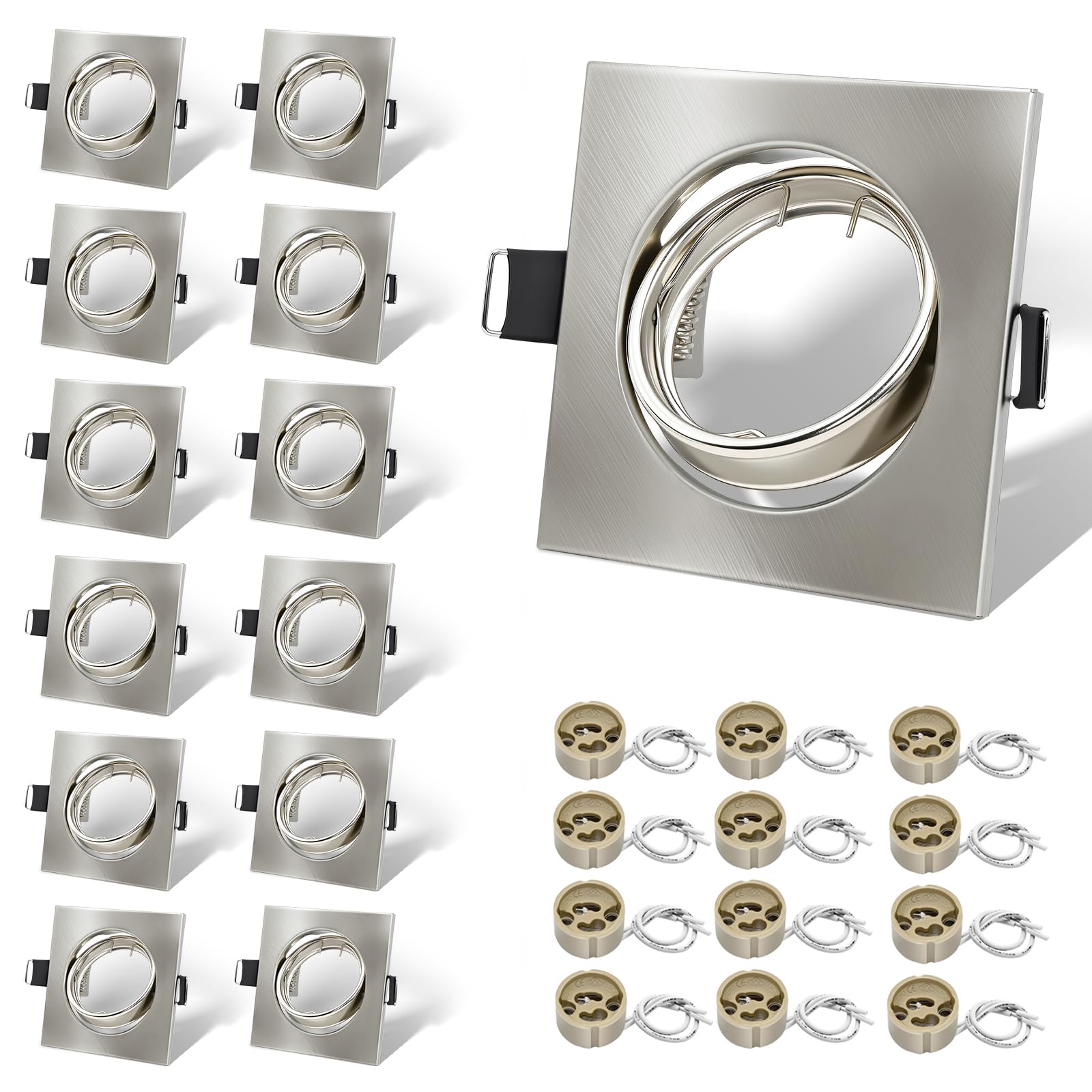 LteelDay 12x LED Einbaustrahler Rahmen mit GU10 Fassung, Eckig Nickel Gebürstet, 68-80mm Lochmass, 30° Schwenkbar, inkl. GU10-Fassung für LED oder Halogen Leuchtmittel