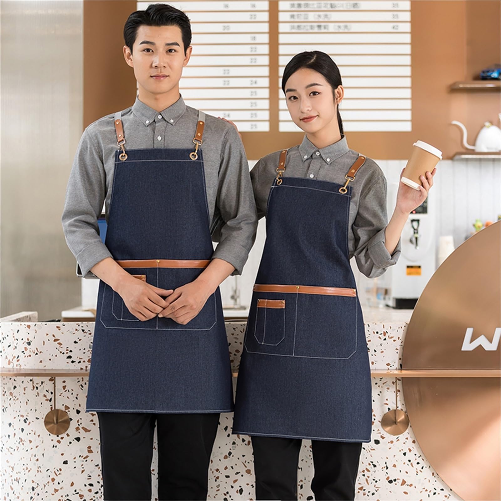 Lot de 2 tabliers cuisine unisexes en denim avec dos croisé for restaurant, serveur, chef, salon coiffure, manucure pour Hommes et Femmes
