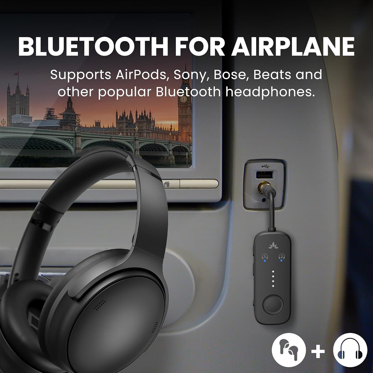 Avantree Relay - Airplane Bluetooth 5.3 Adapter with Qualcomm aptX Adaptive, Supports 2 AirPods or Headphones, 20H Playtime, 3.5mm AUX Jack Wireless Audio Transmitter for Planes, Airline, Travel Black