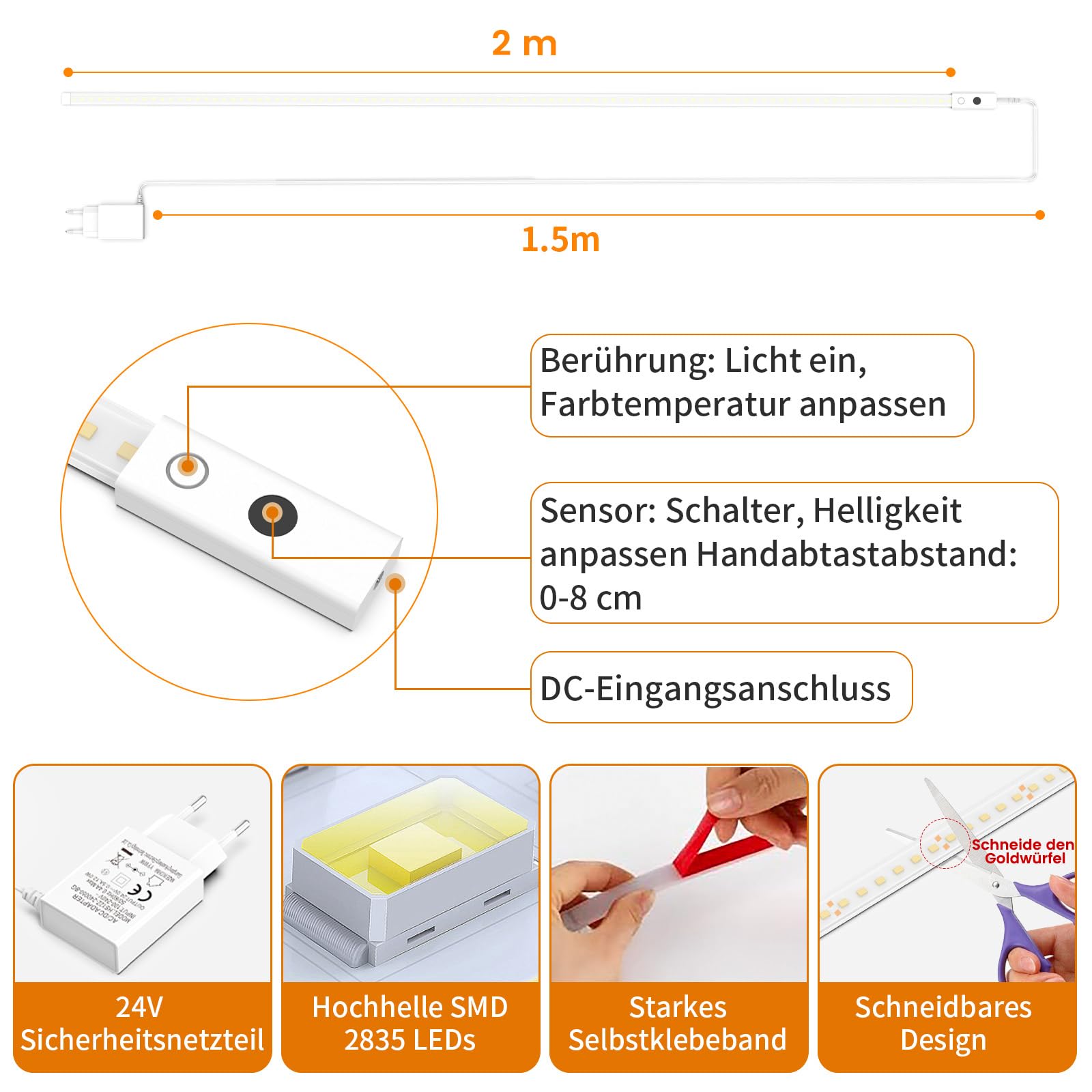 SIBI LIGHTING Luminaire LED sous meuble - 2 m - Intensité variable - Autocollant - En silicone flexible - Avec bloc d'alimentation 24 V - Pour cuisine, bureau, chambre à coucher, salon - 2340 lm