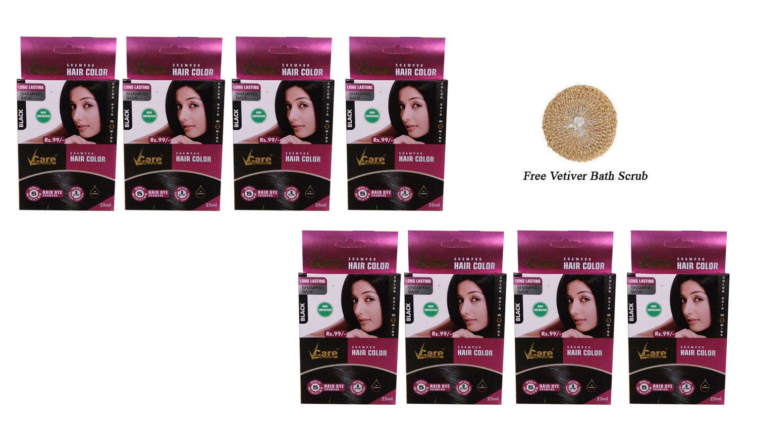 Pack Of 8 Vcare Shampoo Hair Color Black 25ml Free Vetiver
