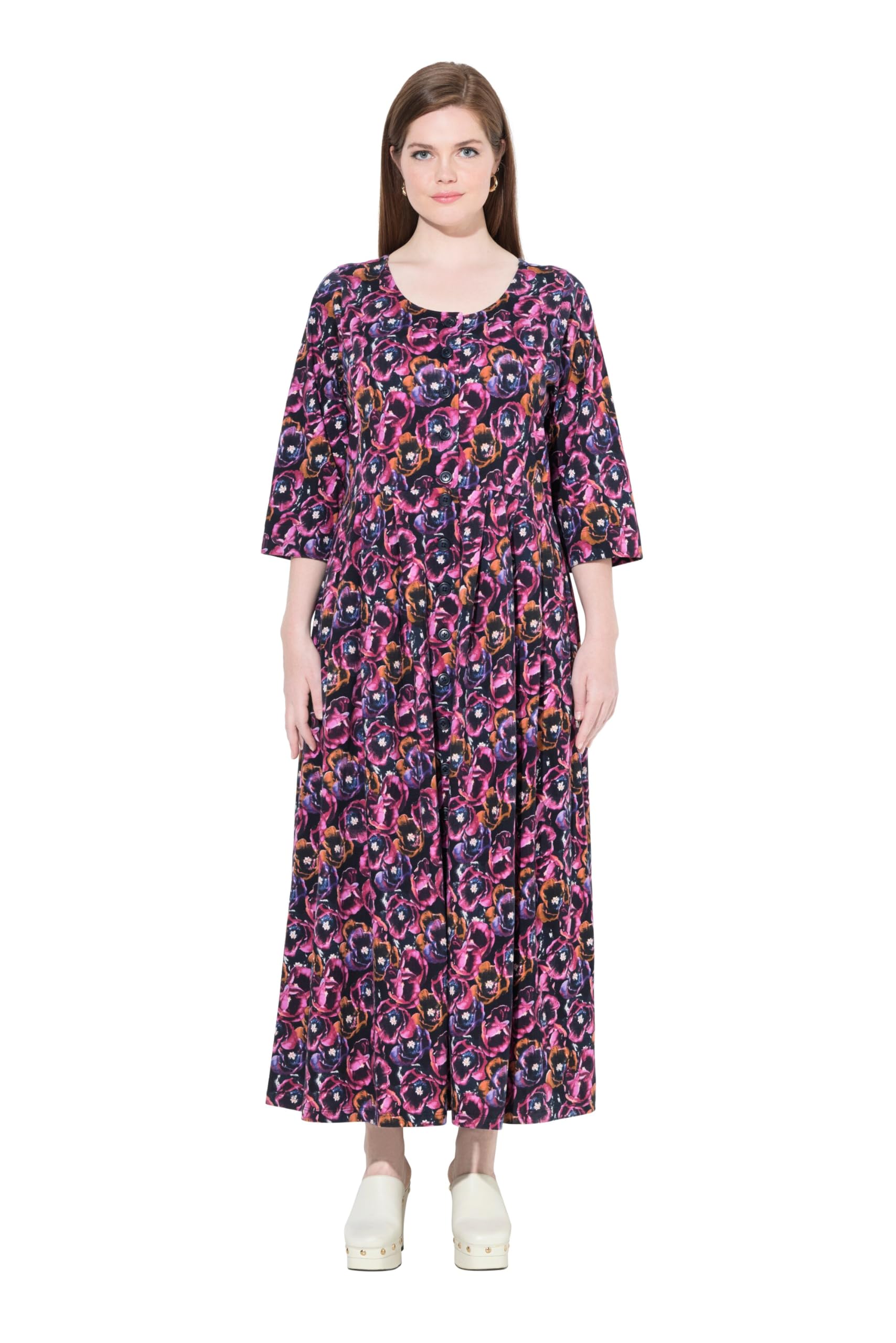 Ulla Popken Damen große Größen Übergrößen Plus Size Jersey-Maxikleid, Blüten, Rundhals, 3/4-Arm, Taschen 841219