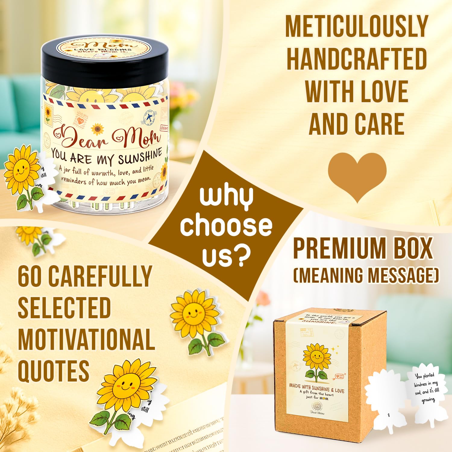Birthday Gifts for Mom from Daughter – You Are My Sunshine Gift - Mom Gifts From Daughter, Son - Mothers Day Gift for Mother in Law, Stepmom - 60 Positive Sunflower Affirmation Cards