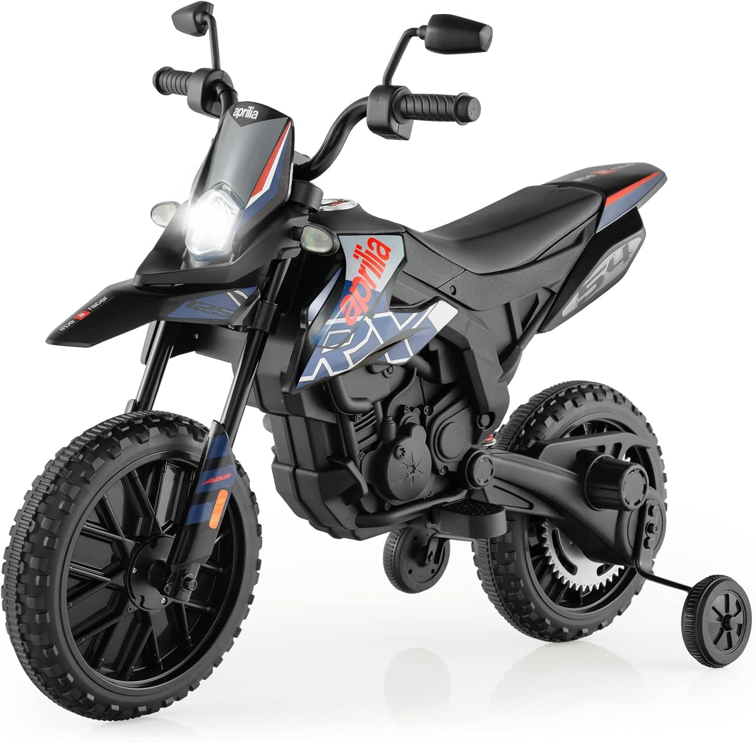 FANTASK 12V Elektromotorrad für Kinder 5,5-6 km/h, Kindermotorrad mit Stützrädern & Musik & Scheinwerfer, Blaue und Schwarze Motorrad für Kinder von 3 bis 8 Jahren, Blau