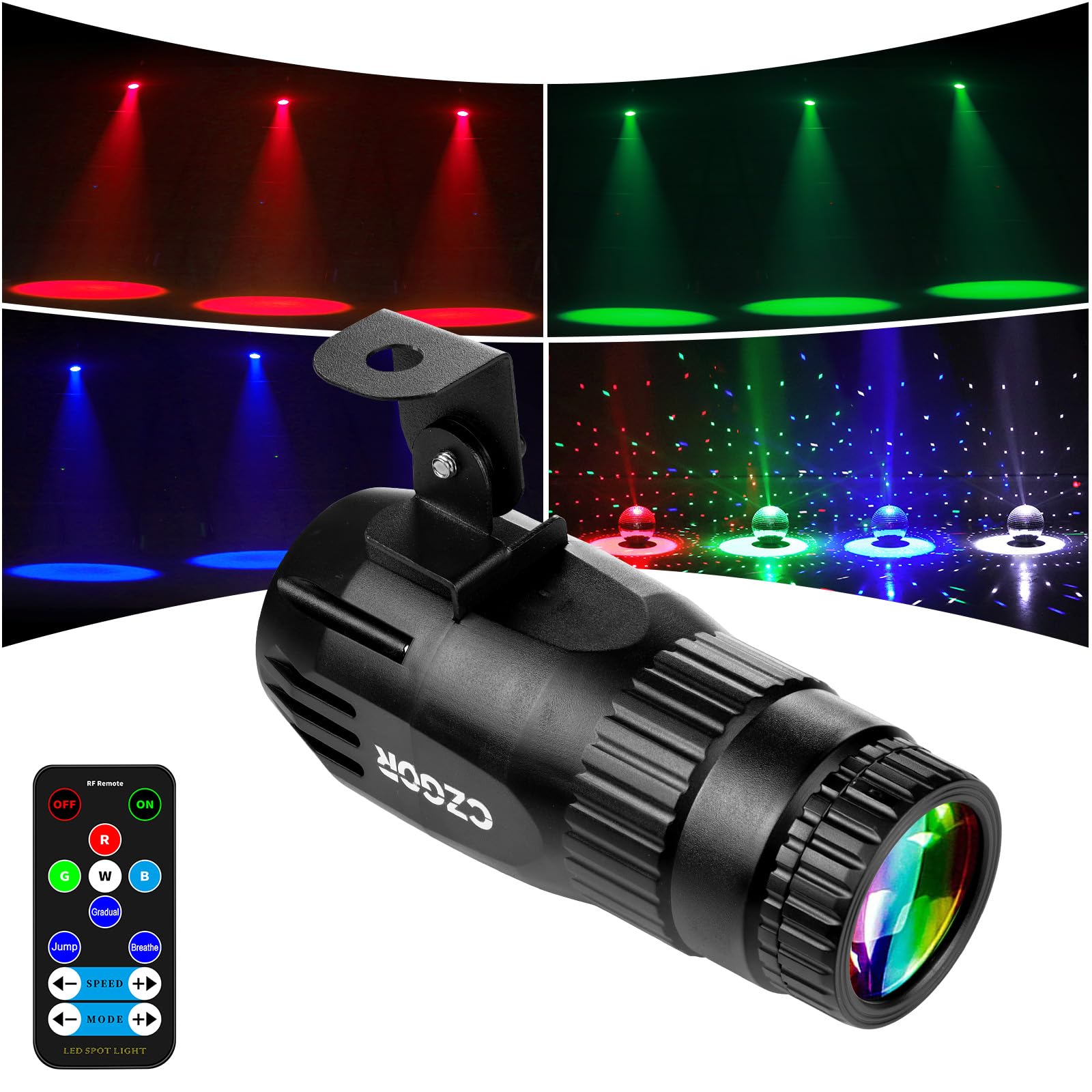 15W Projecteur Boule a Facette, Czgor RGBW 4 en 1 LED Pinspot Projecteur avec Télécommande et 3 Modes d'Éclairage, LED Pin Spot Ultra-Lumineux pour Fêtes, Clubs, Bars et Mariages