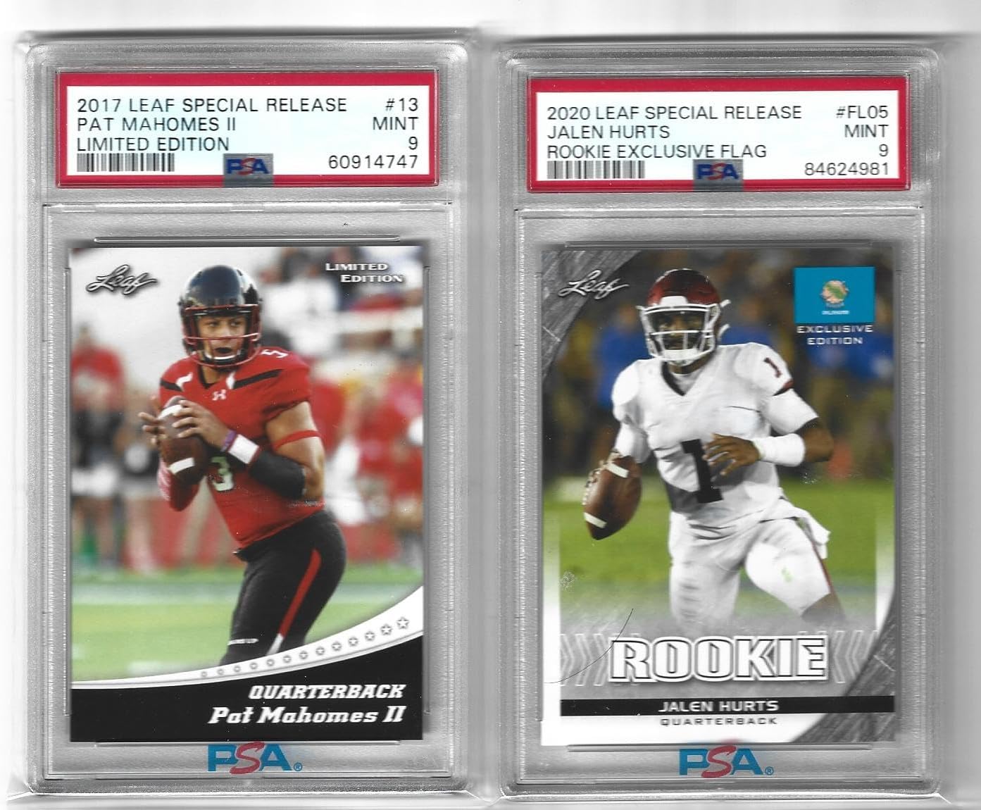 Graded Psa Mint 9 Patrick "Pat" Mahomes And Jalen Hurts Leaf 2 Card Football Rookie Lot Superstar Quarterbacks! You Will Receive Both Cards