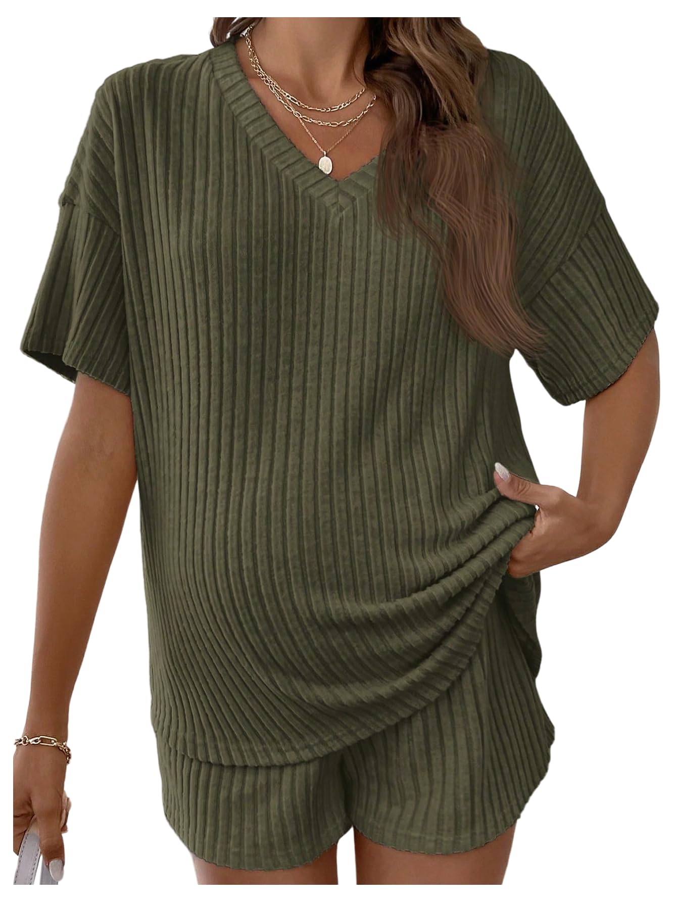 MakeMeChic Women's Maternity 2 Piece Sets Ribbed Shirt and Biker Shorts