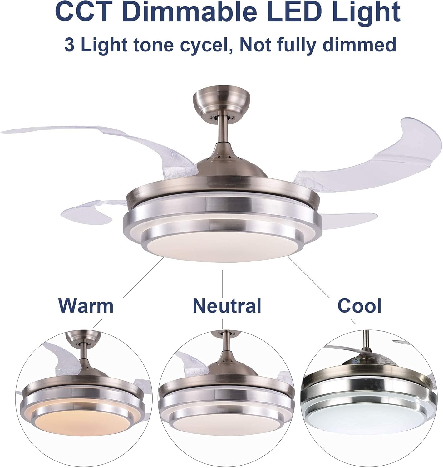 N/A 42inch Retractable Ceiling Fan with LED Light and Remote Control, Retractable Blades, 3 Color Dimmable Modern Ceiling Fan for Bedroom/Living Room/Dining Room Nickel 42 Inch