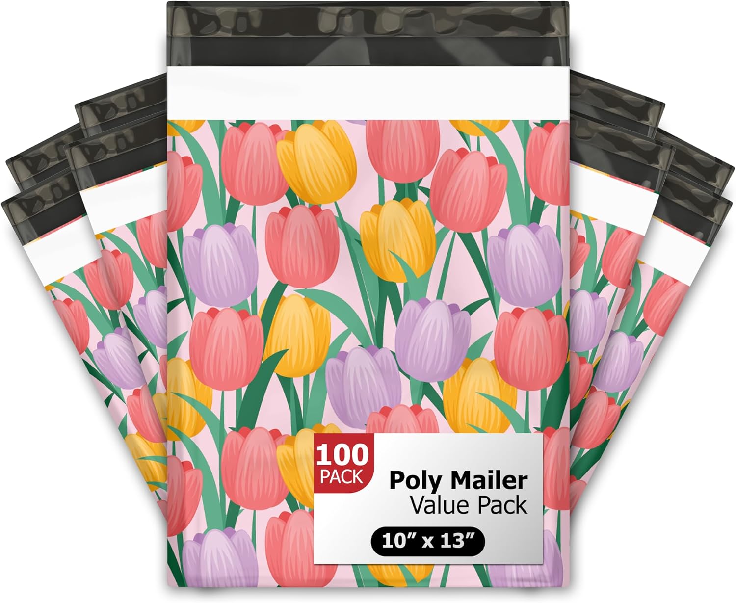 10x13 (100) Trendy Tulip Flowers Floral Summer Designer Poly Mailers Waterproof Self Sealing Tear Resistant Polymailers Shipping Envelopes Premium Printed Bags For Small Businesses