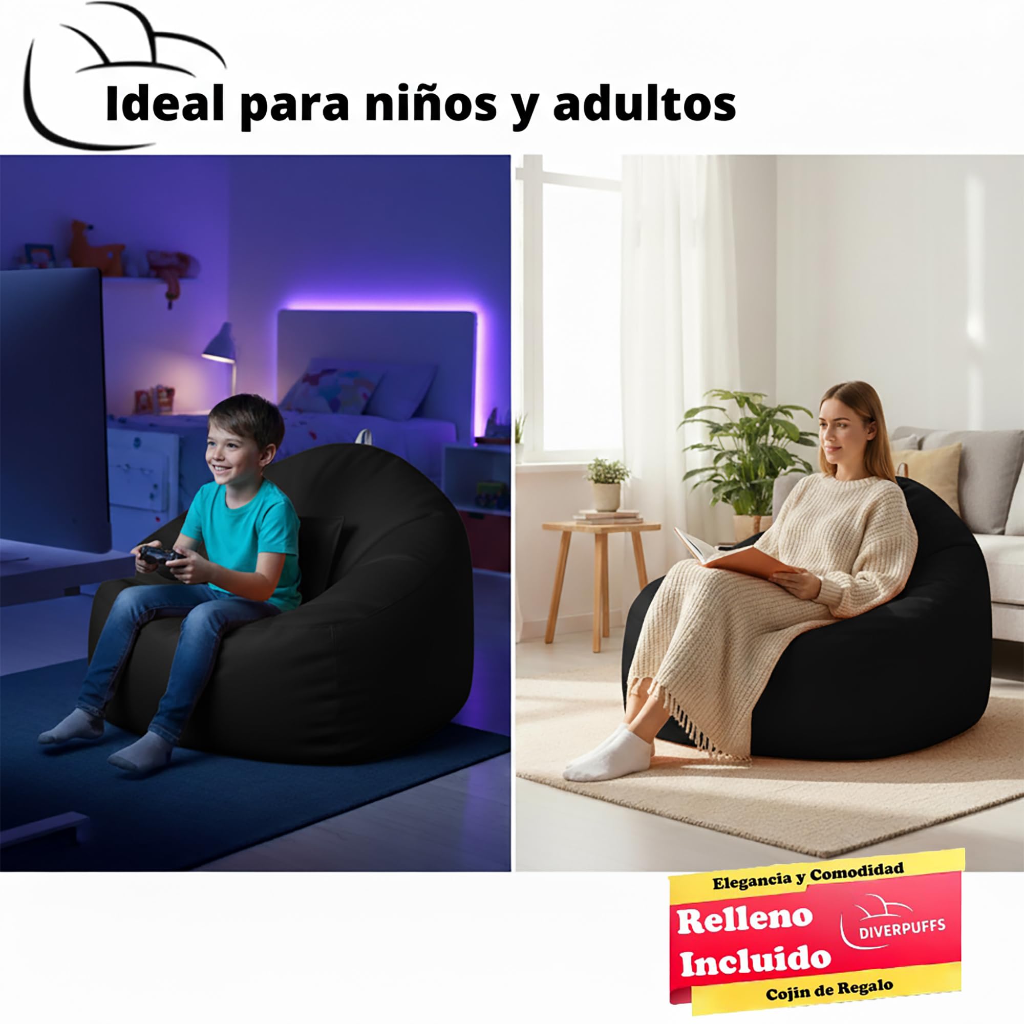 Puff Redondo Negro Pélota Bean Bag XXL Polipiel con Relleno Y Cojín Incluido Elegante y Comodo Resistente Waterproof Uso Interior Exterior Habitación Infantil Gamer Sala Juegos Salón