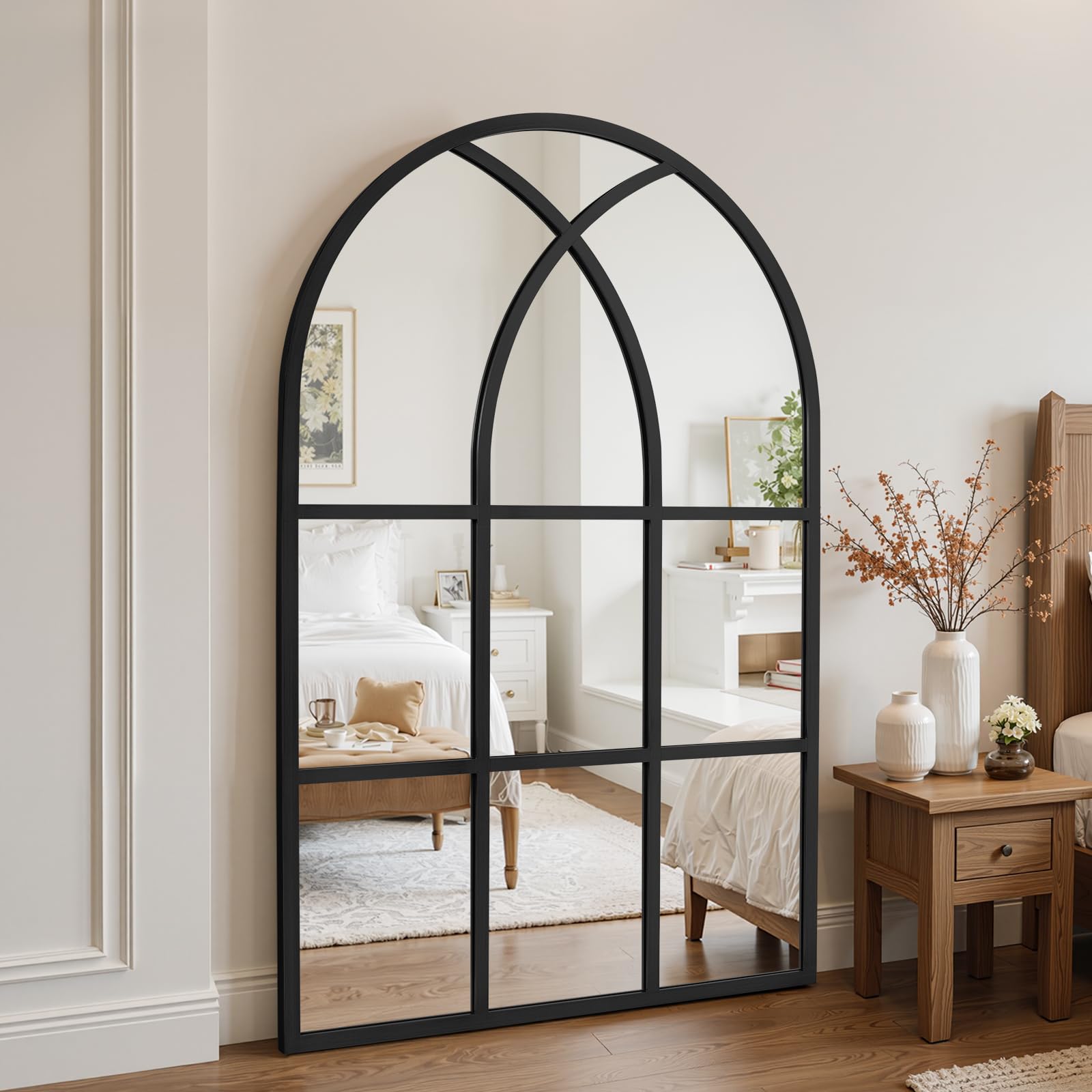 Reflix Espejo de ventana arqueado, 75 x 100 cm, espejos de pared para decoración de jardín al aire libre, espejo gótico envejecido con marco de aluminio para pasillo, sala de estar, dormitorio