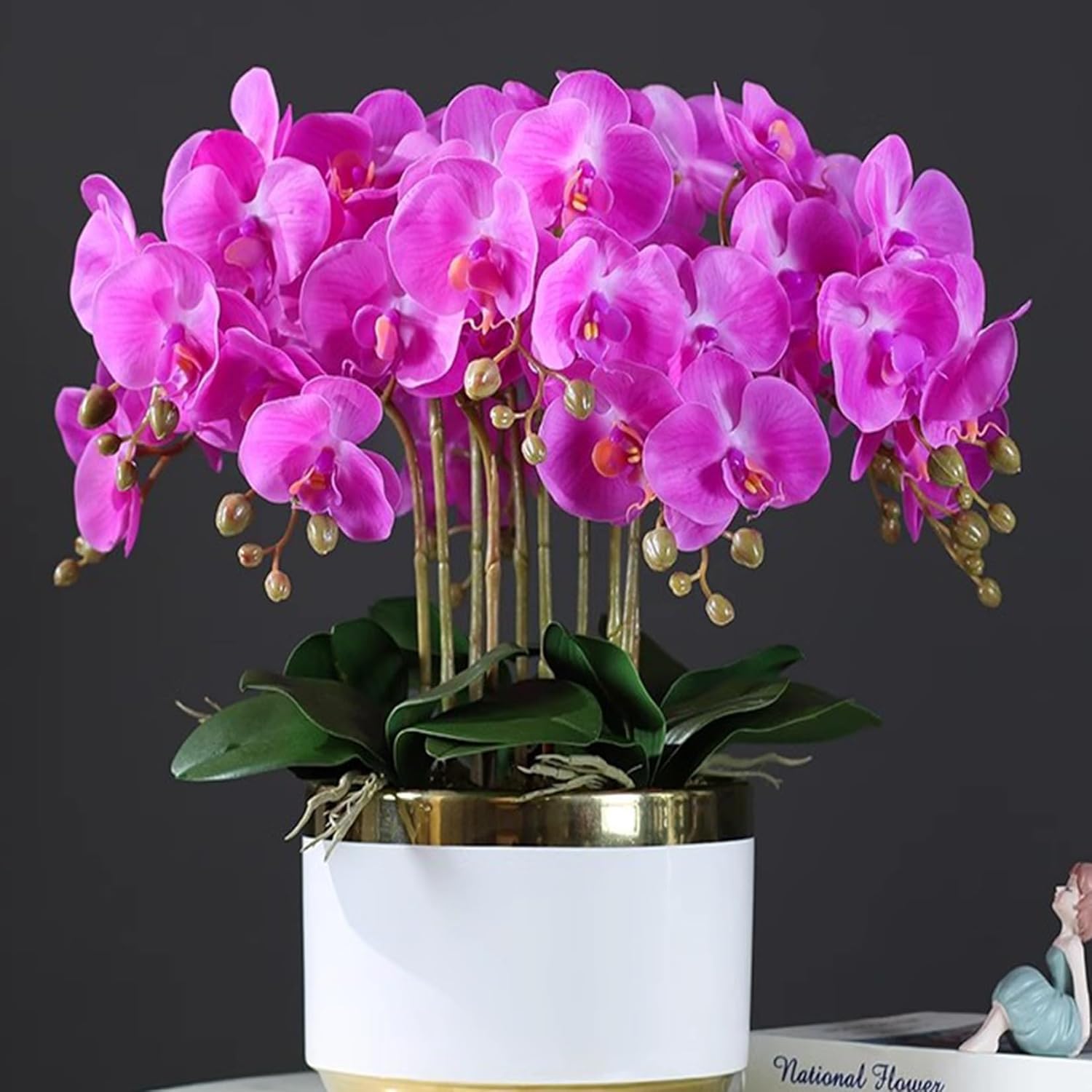 Artificial Phalaenopsis 6 Pcs Artificial Flowers Fake Orchid Flowers Stem Plants with 2 Pcs Leaves for Décor (Purple)