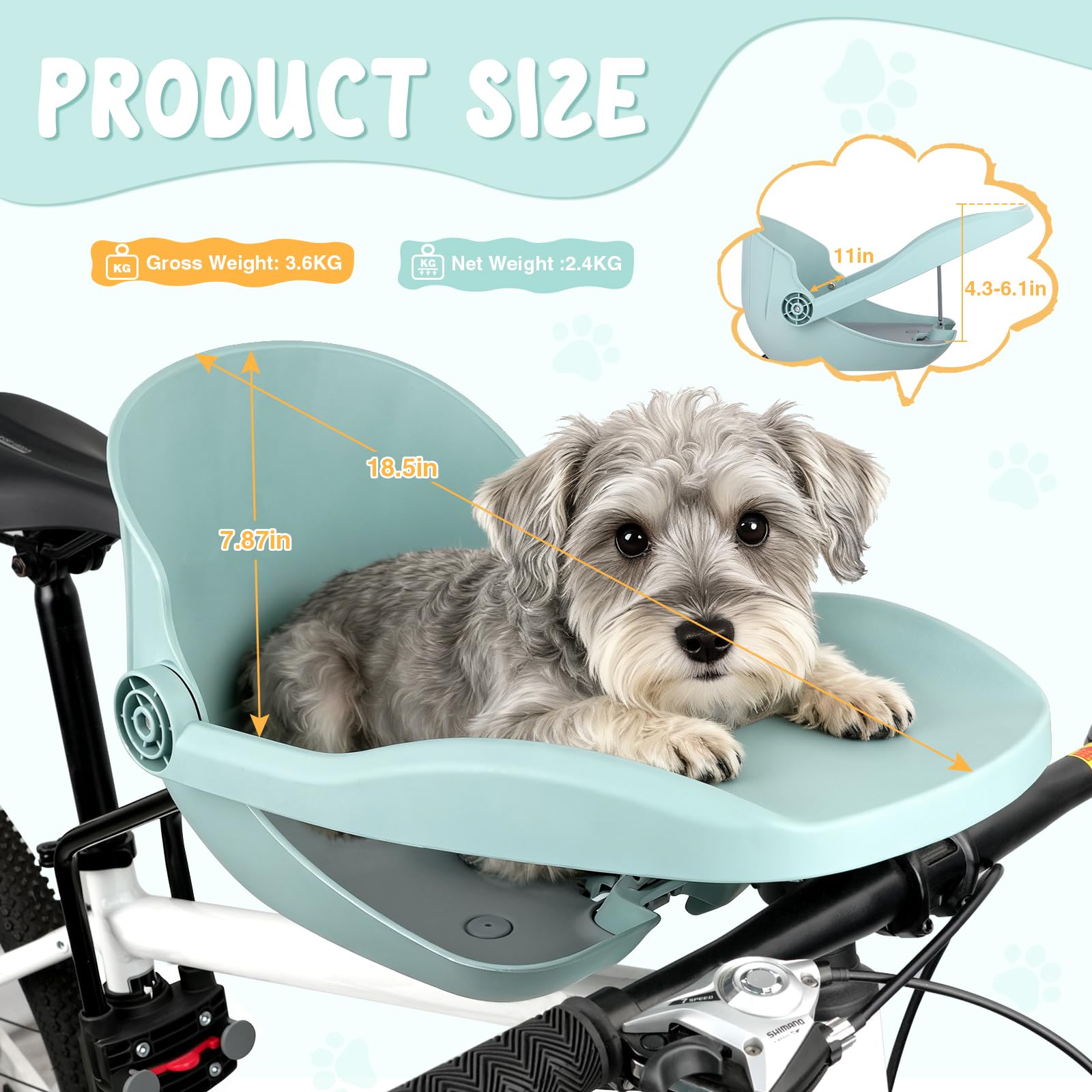 Hundekorb Fahrrad Vorne bis 15KG, Fahrradkorb für Hunde mit Robuste sichere Bodenplatte,und beschichtetem Metallverschluss für kleine&mittelgroße Hunde, 3D ergonomisches Design(Cyan)