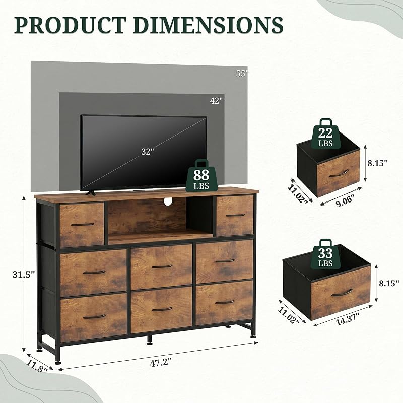 TV Stand 8 Drawers Dresser LED Entertainment Center with Charging Station image 2