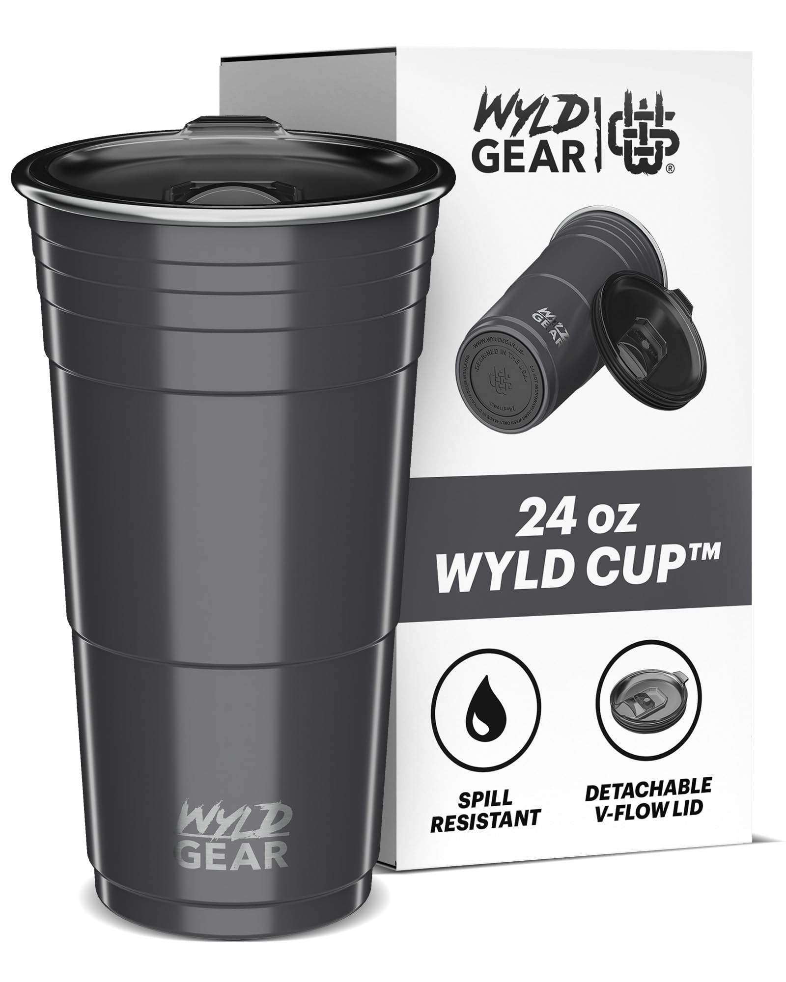 Wyld Cup Stainless Steel Party Cup with Lid, 24 oz Insulated Reusable Tumbler, No Sweat Double Wall Metal Drinkware, Vacuum Outdoor Mug, for Patio, Camping, Gray