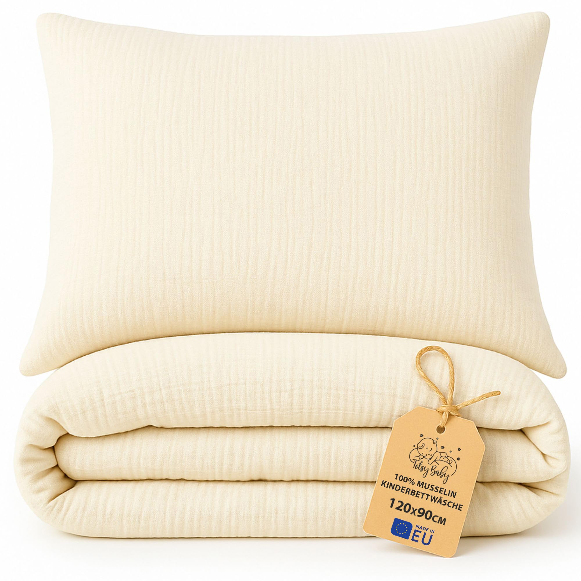Totsy Baby mussola Copripiumino lettino neonato 100x135cm - Cotone parure di copripiumini per culla Set lenzuolo per piumino Beige chiaro con federe 60 x 40 cm certificazione Oeko-Tex