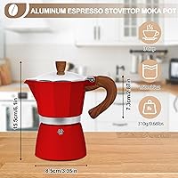 Vista 2 de Cafetera de aluminio con 3 tazas de 5.1 fl oz Moka Pot Express, estufa de café expreso, colorida cafetera italiana, estilo clásico, Greca Café, Rojo