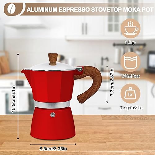 Miniatura 2 de Cafetera de aluminio con 3 tazas de 5.1 fl oz Moka Pot Express, estufa de café expreso, colorida cafetera italiana, estilo clásico, Greca Café,