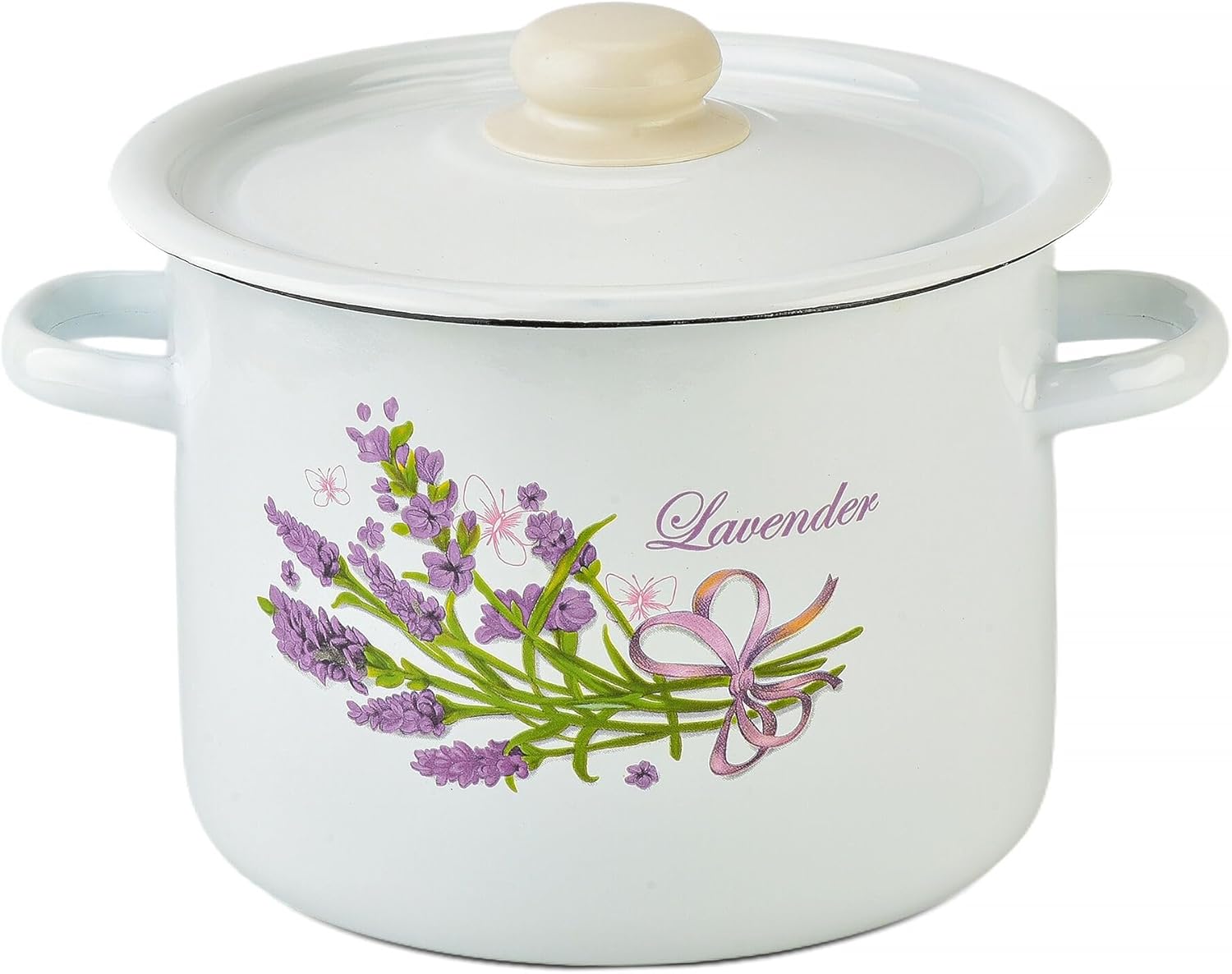 Enamel Pot with Enamel Lid, Enamel Cooking Pot, Soup Pot, Enameled Steel Stock Pot, Enamel Casserole set, Induction Safe, Dishwasher Safe (Lavender Bouquet, 4.8 Qt)