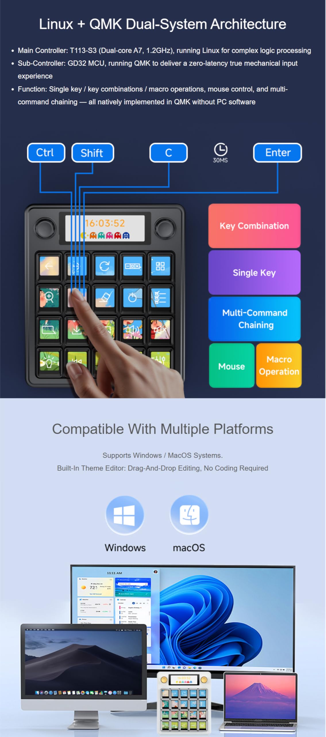 TUOPUONE MK20 Multifunktionales AI-Sprachsteuerungsfeld, schwarz, integrierte 20 × 2,2 cm mechanische LCD-Makro-Tasten und ein 7,1 cm Sekundärbildschirm, Stream-Controller-Deck, Stream-Zubehör