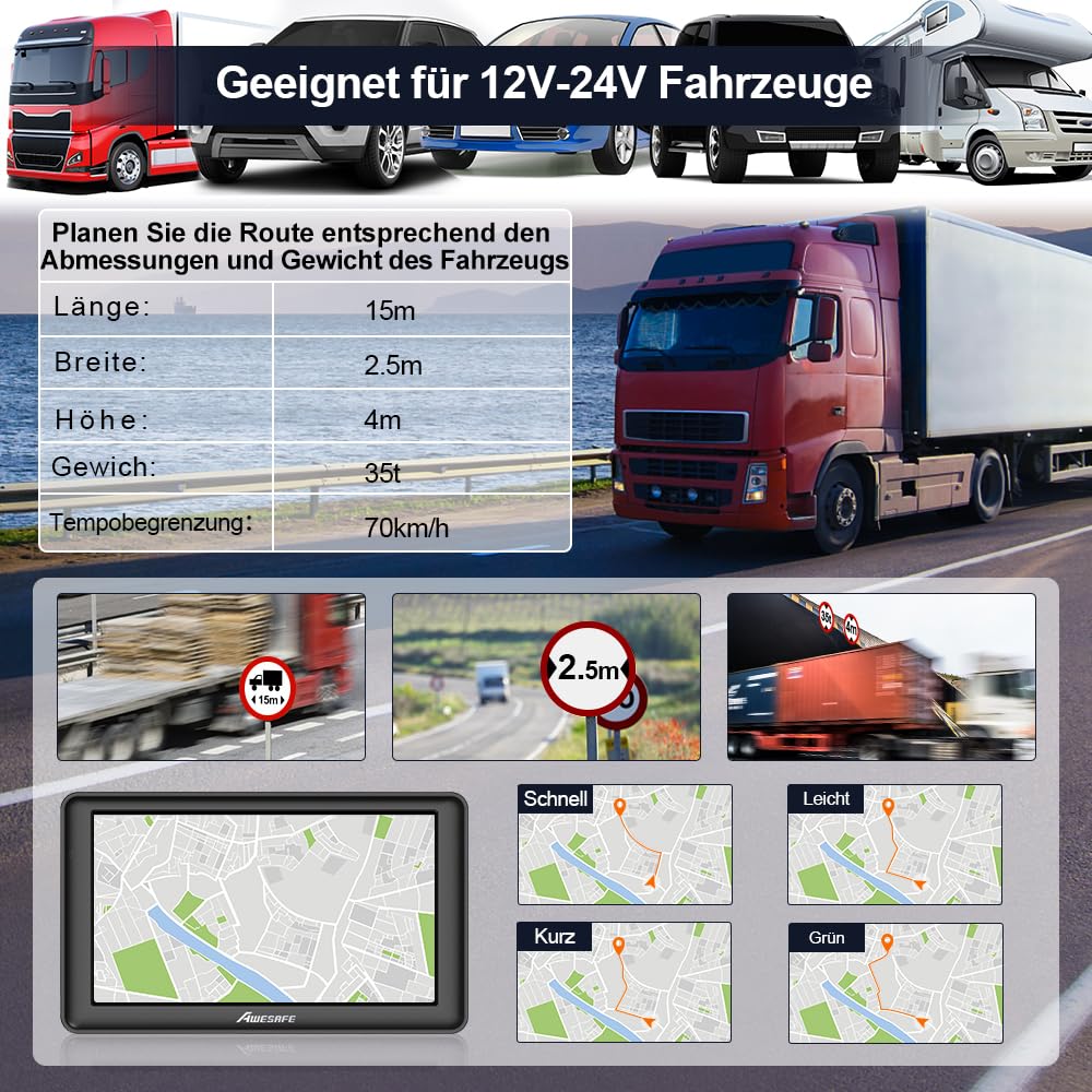 AWESAFE 7 Zoll Bluetooth Navigationsgerät für Auto und LKW – Europa 2024 Karten mit Lebenslangen Updates