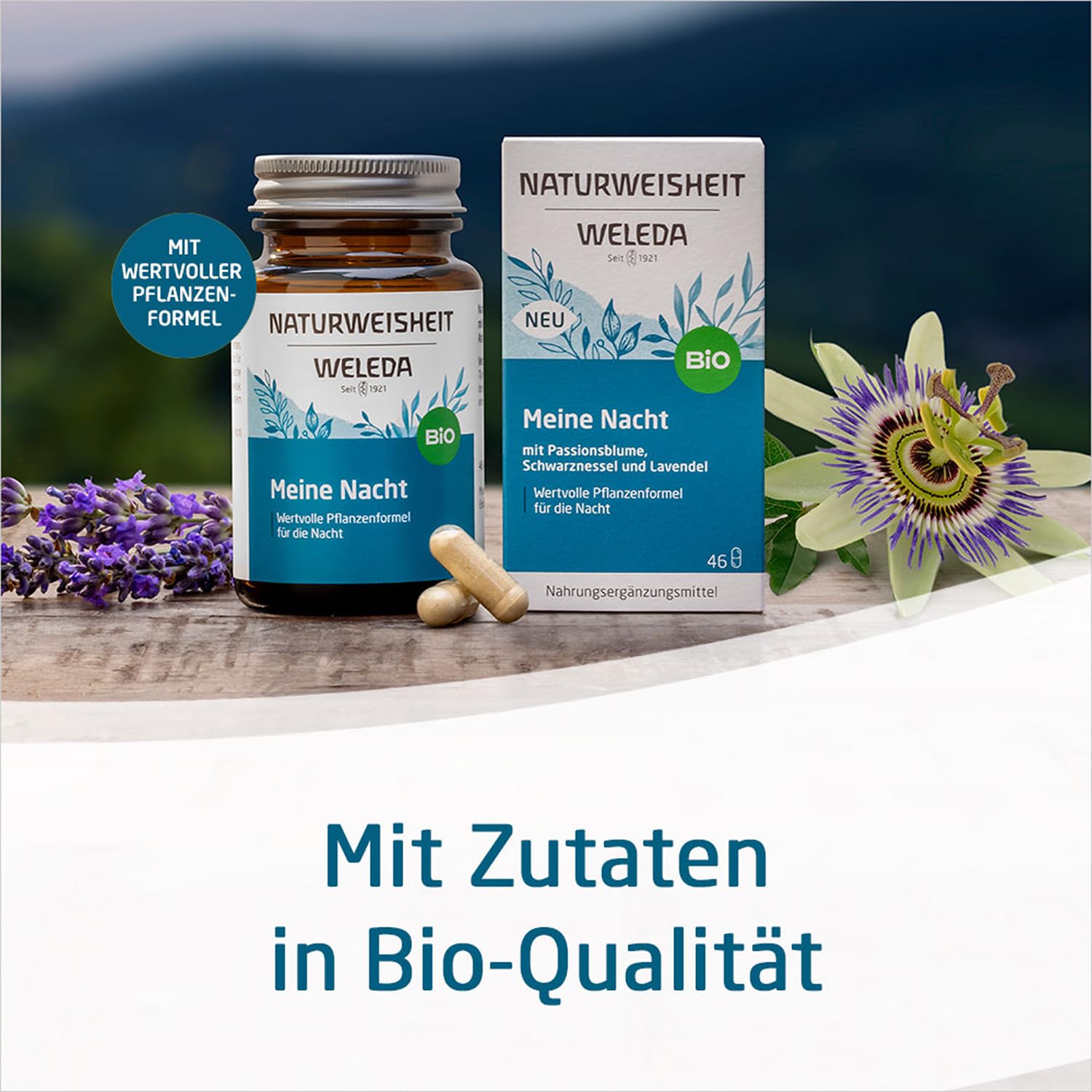 WELEDA Bio Naturweisheit Meine Nacht, Nahrungsergänzungsmittel Einschlafhilfe mit Ashwagandha, Baldrian, Passionsblume & Lavendel für einen gesunden Schlaf (46 Kapseln, laktosefrei, glutenfrei, vegan)