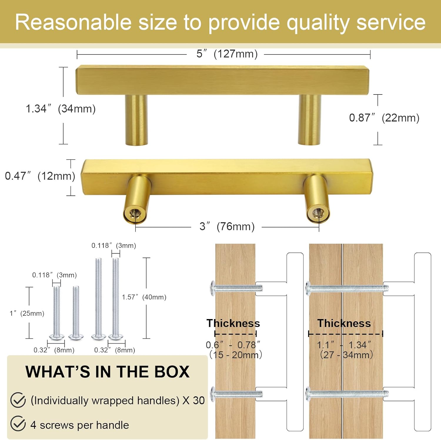 AEEKEL 30 Pack Cabinet Pulls 5" Length Brushed Brass Drawer Handles, 3" Hole Center Square Kitchen Cabinet Handles, Stainless Steel Cabinet Hardware for Bedroom Bathroom Office