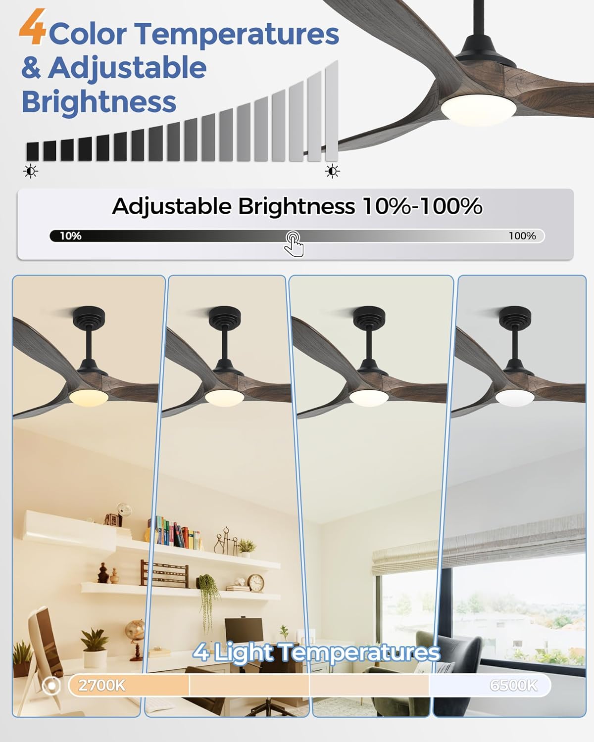 72 inch Outdoor Ceiling Fans with Lights,Smart Wood Large Ceiling Fan for Alexa,Google & APP Control,Indoor/Outdoor,3 Blades,3CCT Dimmable,Deep Brown Walnut,Downrod Mount for Patio Porch