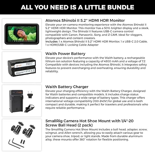 Miniatura 2 de Atomos Shinobi II - Monitor de cámara HDMI de 5.2" con pantalla táctil HDR | Monitor ligero para fotografía con batería, cargador y montaje de