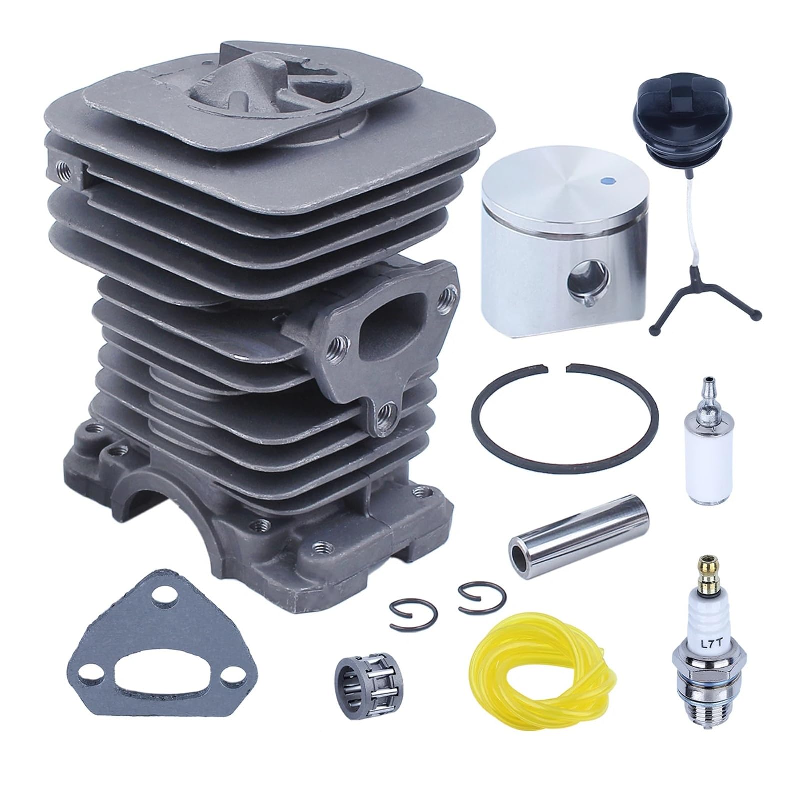 Compatible con motosierra Husqvarna 136, 137, 141 y 142. Repuesto 530069941. Tapa de combustible, filtro, línea, cojinete de agujas, kit de pistón de cilindro de 38 mm.