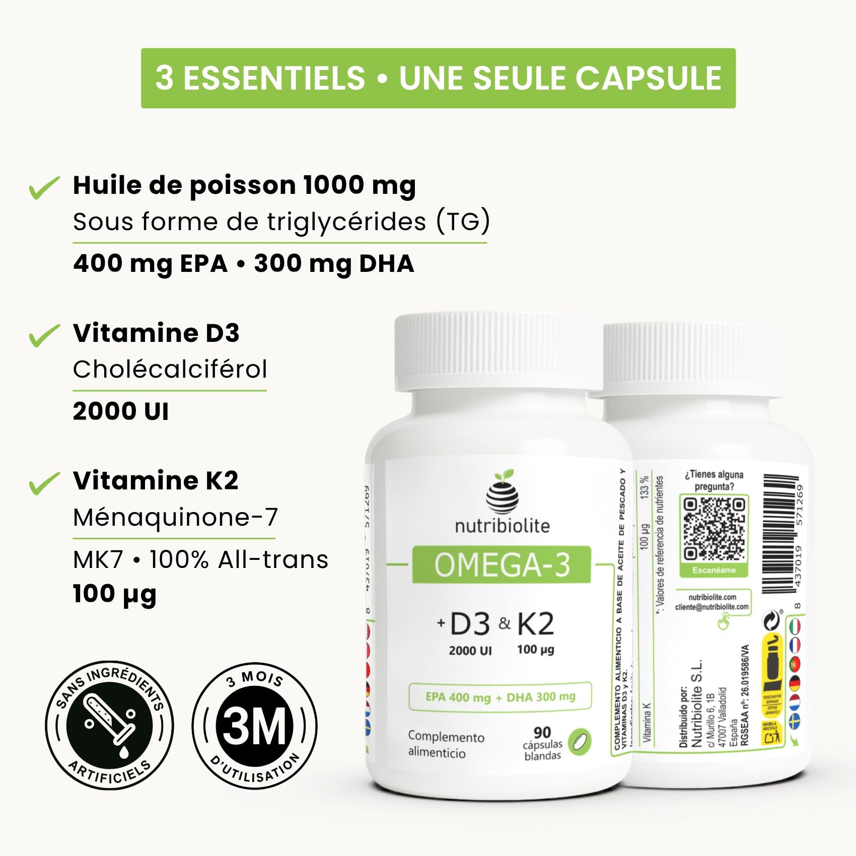 Omega 3 D3 K2 - Huile de Poisson 1000 mg - 80% d’Oméga 3 en triglycérides TG (EPA 400 mg + DHA 300 mg) + Vitamine D3 2000 UI et K2 MK-7 All-Trans 100 mcg - 90 capsules molles - 3 mois | Nutribiolite