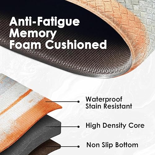 Miniatura 4 de Arttown Juego de 2 tapetes de cocina antifatiga gris naranja y gris abstracto, tapete antideslizante impermeable y tapete ergonómico de espuma de