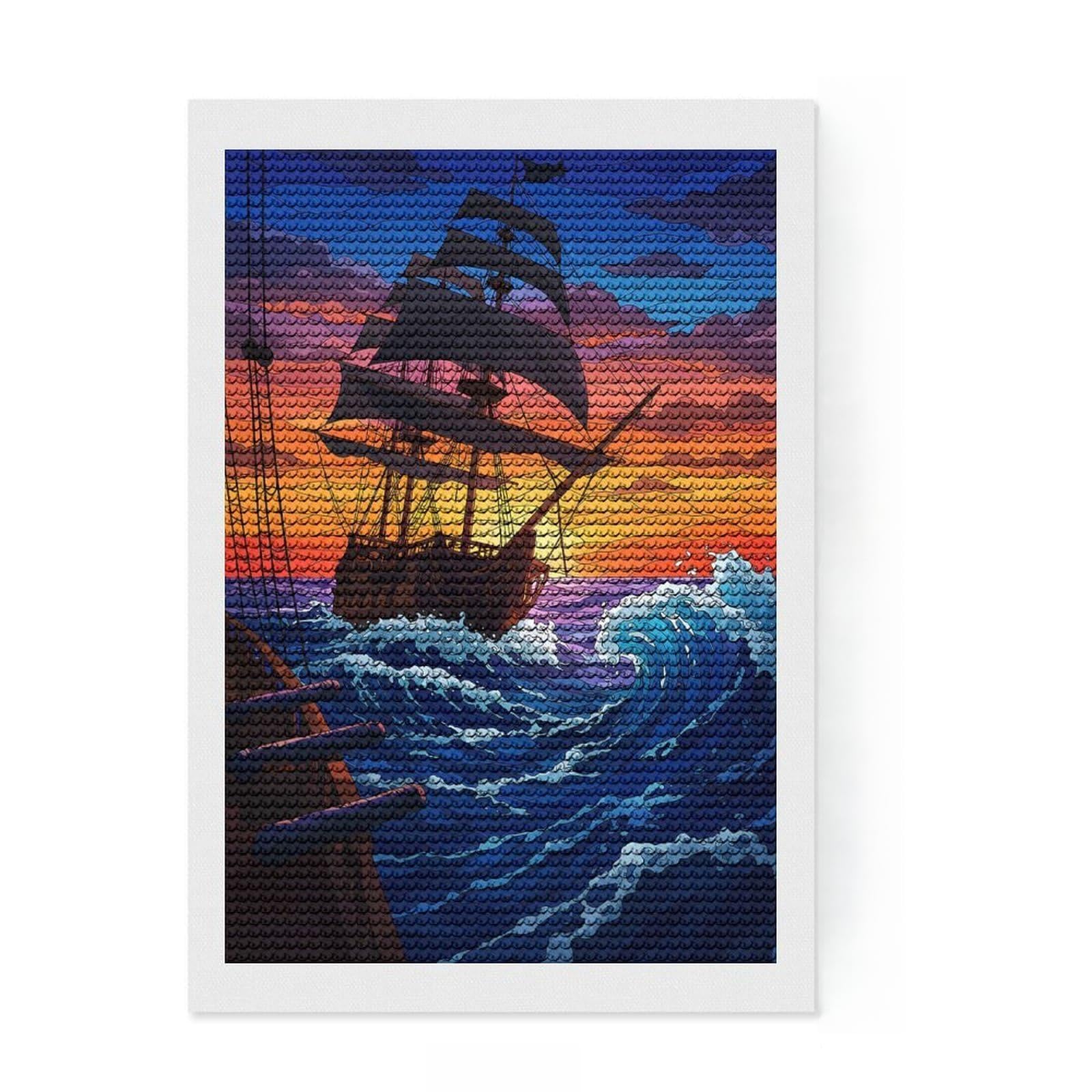 Junmoney Pirate Ship at Sea Sunset Diamond Painting Set 8"x12", Complete Accessories, Satisfying Creative Project, Stress Relief Craft, Office Decor