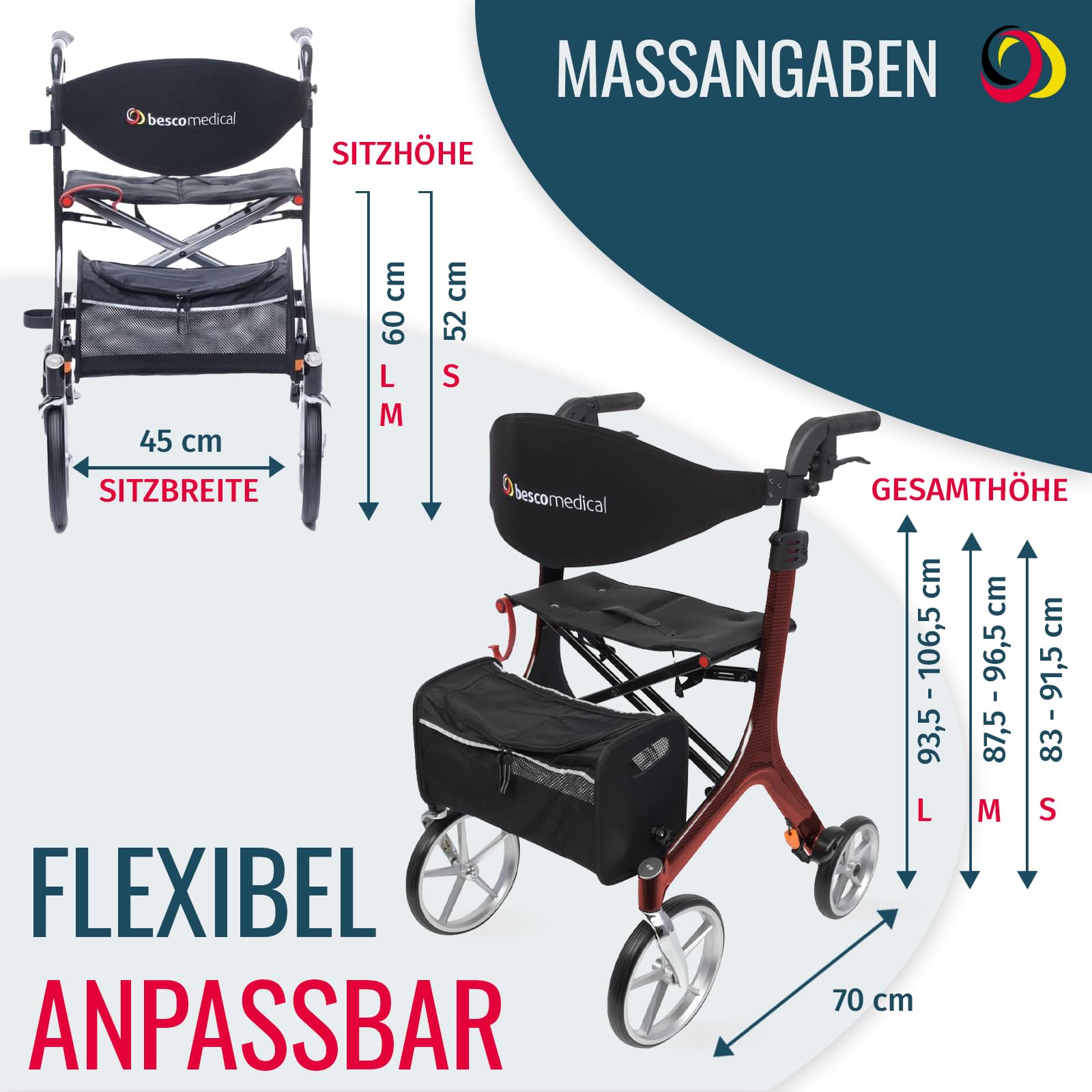 Besco Medical Carbon Rollator ultraleicht 5,9 kg - Modell L Bordeauxrot | faltbar, höhenverstellbar, mit bequemem Sitz - Premium Gehhilfe mit Rückengurt, Netztasche, Stockhalter - klappbar & leicht