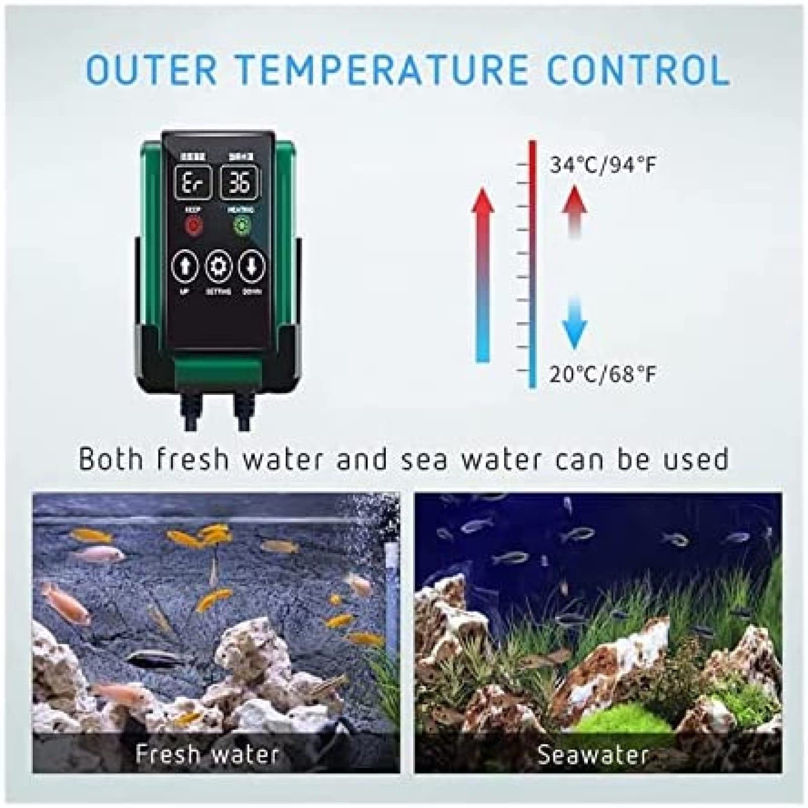Calentador De Acuario, Calentador Sumergible para Acuario Tanque De Peces Pantalla De Temperatura LED Inteligente Y Controlador De Temperatura Externo Varilla De Calentamiento para Agua Dulc