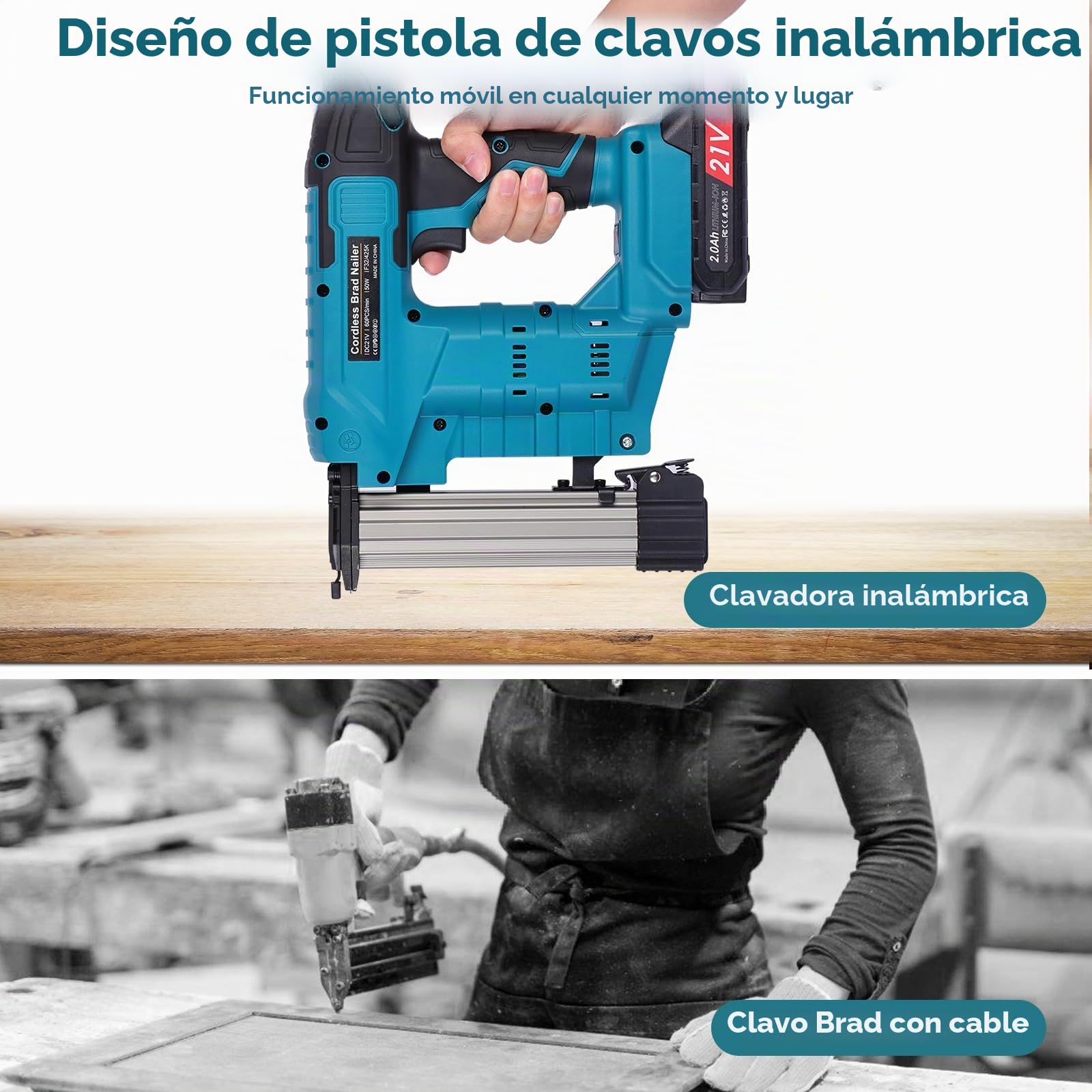 18GA 2 en 1 clavadora inalámbrica y pistola grapadora, pistola de clavos alimentada por batería con 2000 clavos y grapas, soporta clavos Brad F32 y grapas 425K, para molduras, muebles y carpintería de