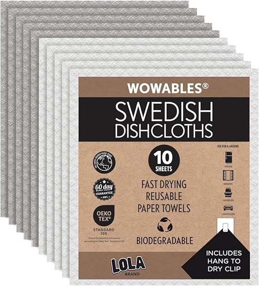 LOLA Swedish Dishcloths 10 Pk Biodegradable Reusable Paper Towels Absorbent Cellulose Kitchen Sponge Cloths Zero Waste Odor Free, Made in Germany