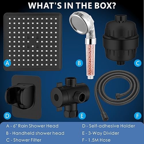 Miniatura 5 de Voolan Juego de cabezal de ducha filtrado, ducha de lluvia de alta presión con cabezal de ducha de mano, soporte autoadhesivomanguera de 59